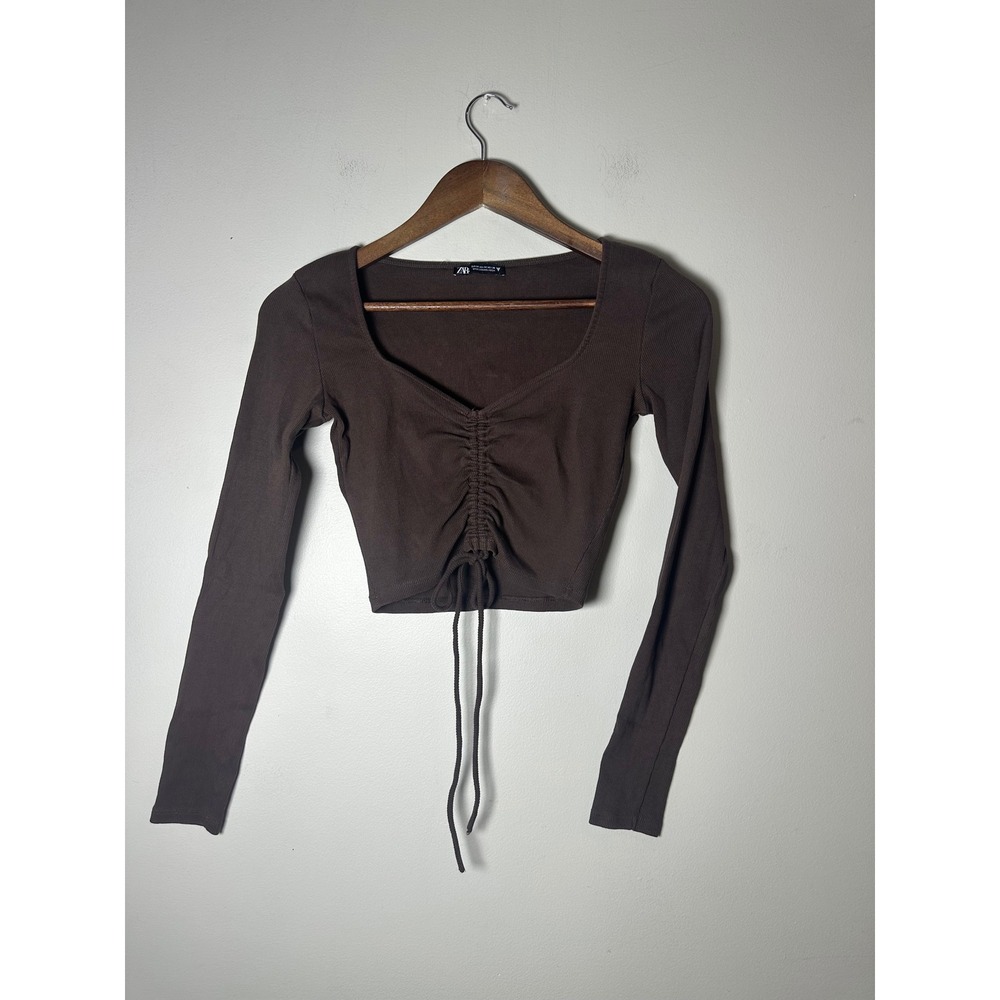 🎃 Zara Brown Ribbed Ruched Front Long Sleeve Crop Top Medium Y2K Slim Fit